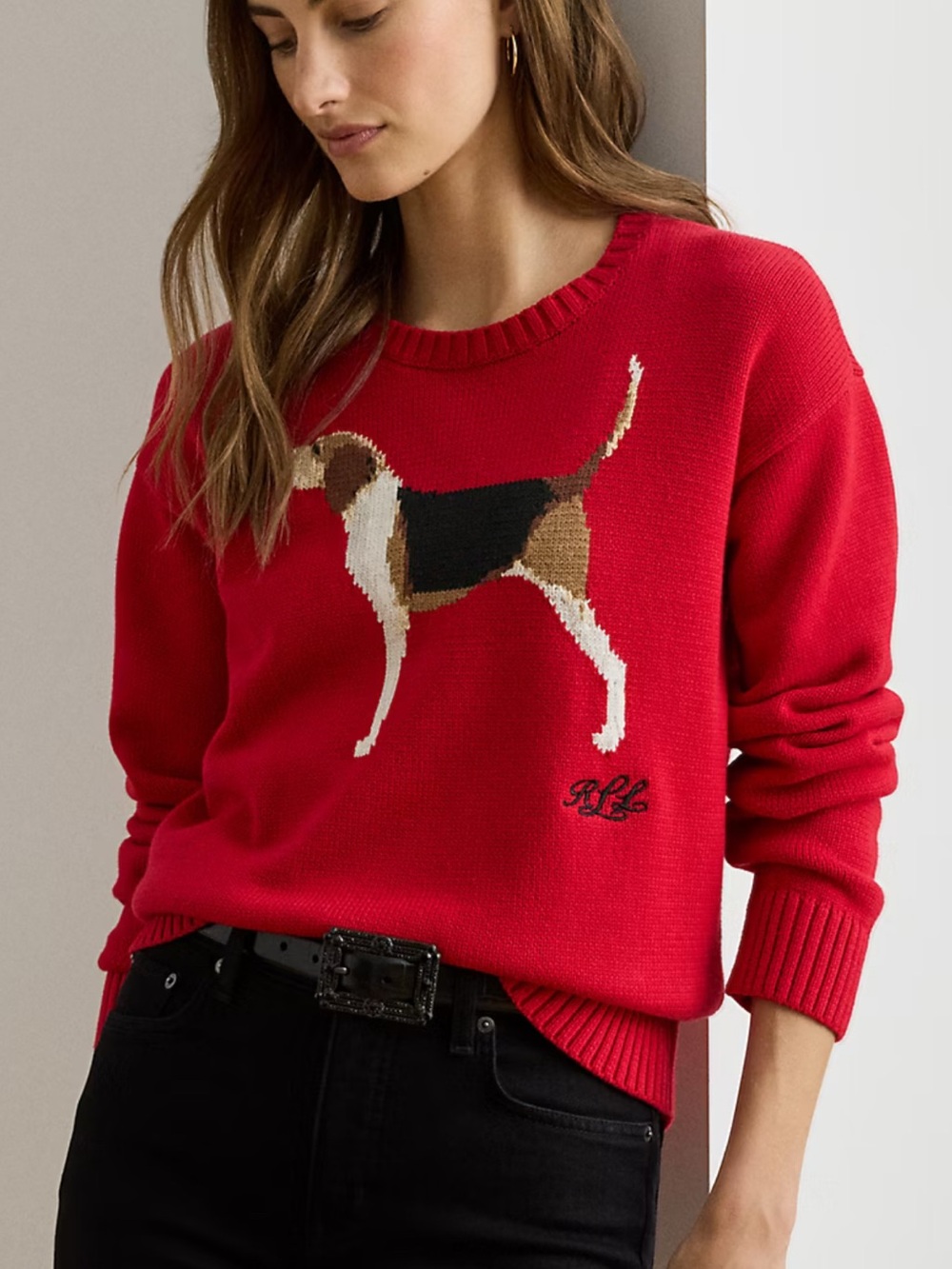 Lauren Ralph Lauren Intarsia-Knit Foxhound Cotton Sweater in Ralph Red Multi
